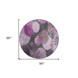Homeroots 8' X 8' Gray And Purple Round Abstract Washable Non Skid Indoor Outdoor Area Rug Garnet Polyester 562922