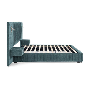 English Elm 2628q-bu-gen-3 Hand-pleated Upholstered Bed with Integrated Nightstands and Reading Lamps W487P358835