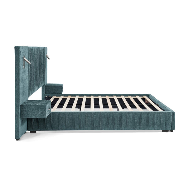 English Elm 2628q-bu-gen-3 Hand-pleated Upholstered Bed with Integrated Nightstands and Reading Lamps W487P358835