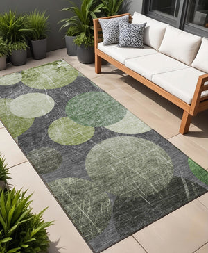 Homeroots 2' X 8' Green And Gray Abstract Washable Non Skid Indoor Outdoor Runner Rug Green Polyester 562927