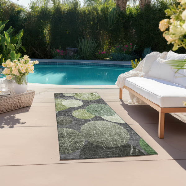 Homeroots 2' X 8' Green And Gray Abstract Washable Non Skid Indoor Outdoor Runner Rug Green Polyester 562927