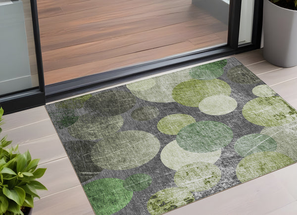 Homeroots 3' X 5' Green And Gray Abstract Washable Non Skid Indoor Outdoor Area Rug Green Polyester 562929