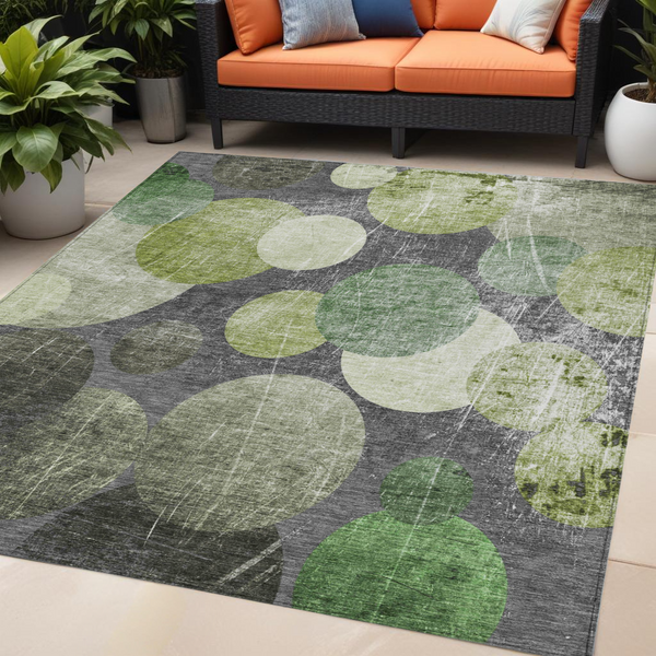 Homeroots 5' X 8' Green And Gray Abstract Washable Non Skid Indoor Outdoor Area Rug Green Polyester 562930