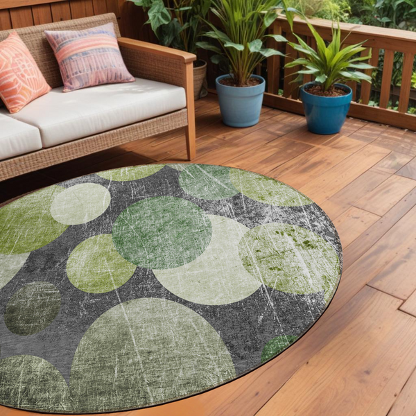 Homeroots 8' X 8' Green And Gray Round Abstract Washable Non Skid Indoor Outdoor Area Rug Green Polyester 562931