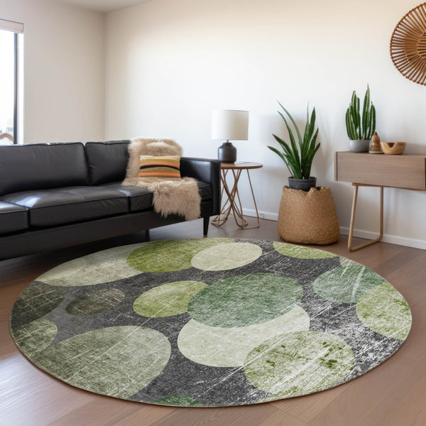 Homeroots 8' X 8' Green And Gray Round Abstract Washable Non Skid Indoor Outdoor Area Rug Green Polyester 562931