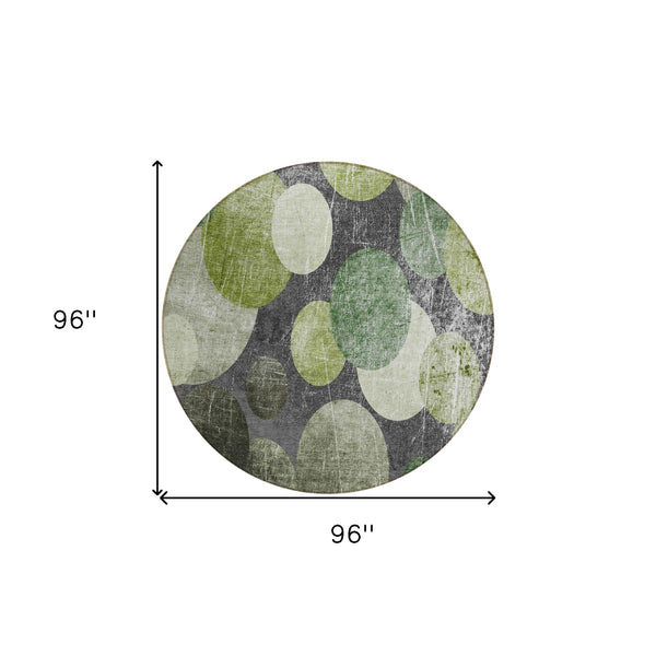 Homeroots 8' X 8' Green And Gray Round Abstract Washable Non Skid Indoor Outdoor Area Rug Green Polyester 562931