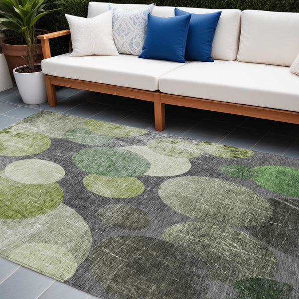 Homeroots 9' X 12' Green And Gray Abstract Washable Non Skid Indoor Outdoor Area Rug Green Polyester 562933