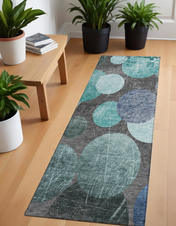 Homeroots 2' X 8' Gray Blue And Purple Abstract Washable Non Skid Indoor Outdoor Runner Rug Teal Polyester 562936
