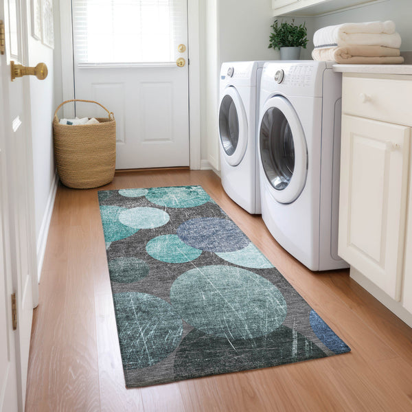 Homeroots 2' X 8' Gray Blue And Purple Abstract Washable Non Skid Indoor Outdoor Runner Rug Teal Polyester 562936