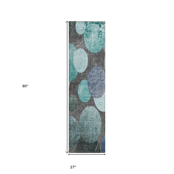 Homeroots 2' X 8' Gray Blue And Purple Abstract Washable Non Skid Indoor Outdoor Runner Rug Teal Polyester 562936