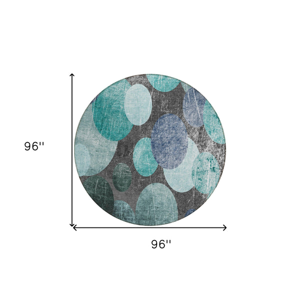 Homeroots 8' Round Gray Blue And Purple Round Abstract Washable Non Skid Indoor Outdoor Area Rug Teal Polyester 562940