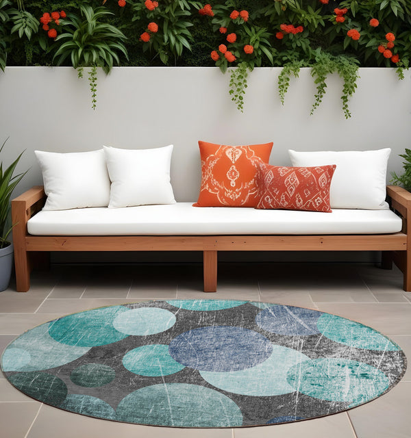 Homeroots 8' Round Gray Blue And Purple Round Abstract Washable Non Skid Indoor Outdoor Area Rug Teal Polyester 562940