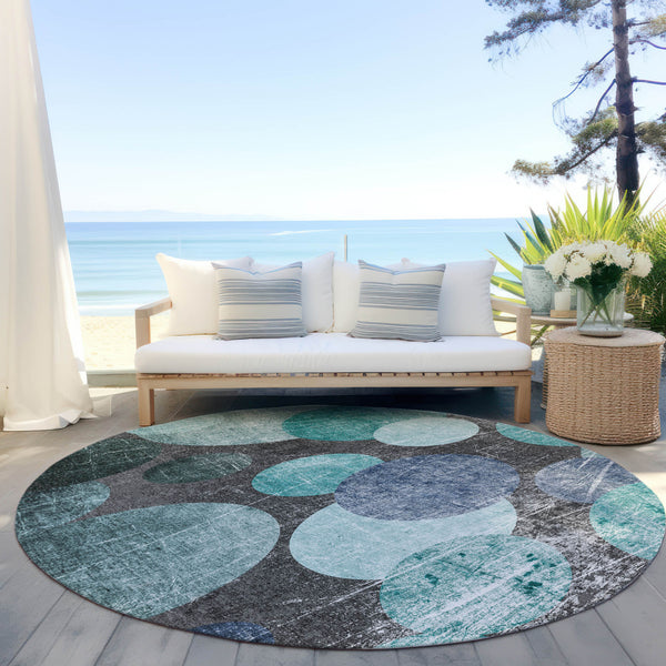 Homeroots 8' Round Gray Blue And Purple Round Abstract Washable Non Skid Indoor Outdoor Area Rug Teal Polyester 562940