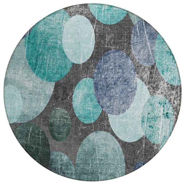 Homeroots 8' Round Gray Blue And Purple Round Abstract Washable Non Skid Indoor Outdoor Area Rug Teal Polyester 562940