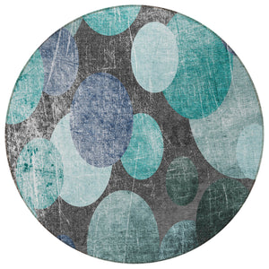Homeroots 8' Round Gray Blue And Purple Round Abstract Washable Non Skid Indoor Outdoor Area Rug Teal Polyester 562940