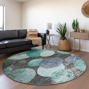 Homeroots 8' Round Gray Blue And Purple Round Abstract Washable Non Skid Indoor Outdoor Area Rug Teal Polyester 562940