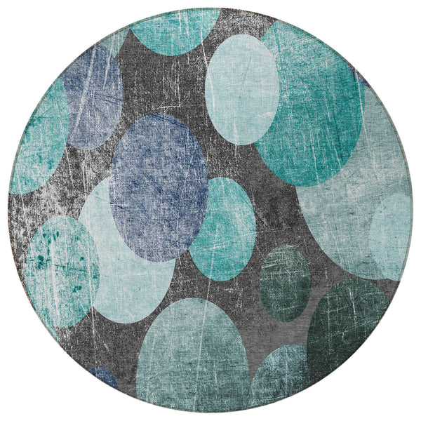 Homeroots 8' Round Gray Blue And Purple Round Abstract Washable Non Skid Indoor Outdoor Area Rug Teal Polyester 562940