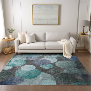 HomeRoots 5' Gray and Blue Abstract Area Rug - Stylish, Washable, Non-Skid for Indoor or Outdoor Living Spaces 10' X 14' 562943