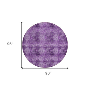 Homeroots 8' Round Eggplant Round Floral Medallion Washable Non Skid Indoor Outdoor Area Rug Eggplant Polyester 562949