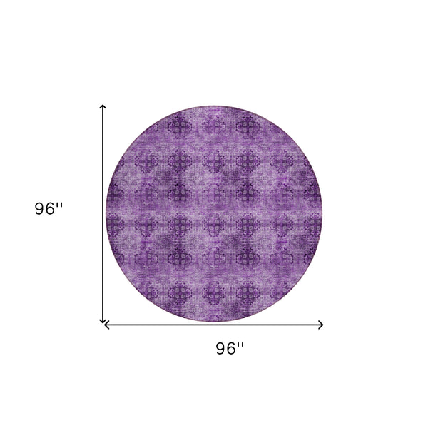 Homeroots 8' Round Eggplant Round Floral Medallion Washable Non Skid Indoor Outdoor Area Rug Eggplant Polyester 562949