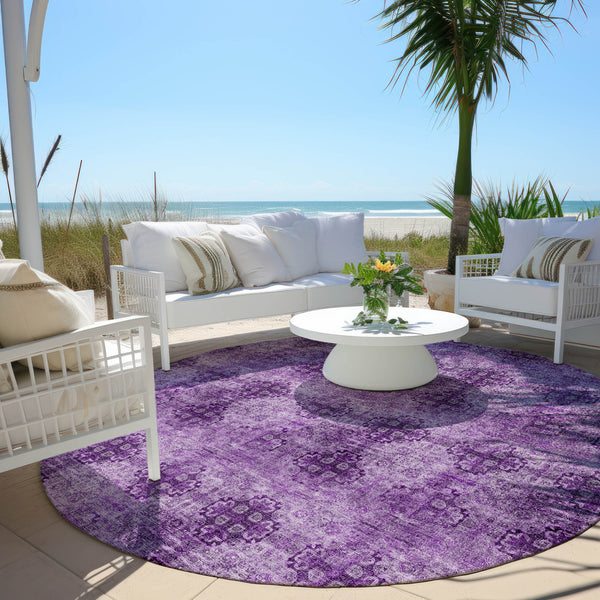 Homeroots 8' Round Eggplant Round Floral Medallion Washable Non Skid Indoor Outdoor Area Rug Eggplant Polyester 562949