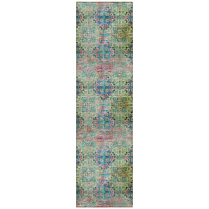 Homeroots 2' X 8' Blue And Green Floral Medallion Washable Non Skid Indoor Outdoor Runner Rug Green Polyester 562954