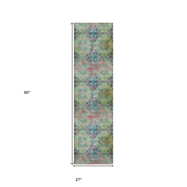 Homeroots 2' X 8' Blue And Green Floral Medallion Washable Non Skid Indoor Outdoor Runner Rug Green Polyester 562954
