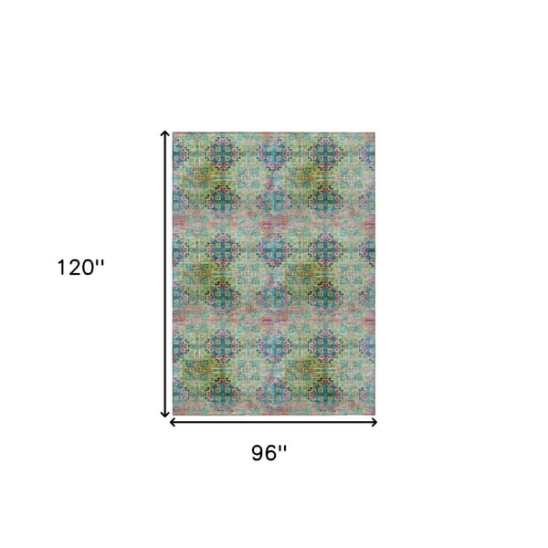 Homeroots 8' X 10' Blue And Green Floral Medallion Washable Non Skid Indoor Outdoor Area Rug Green Polyester 562959