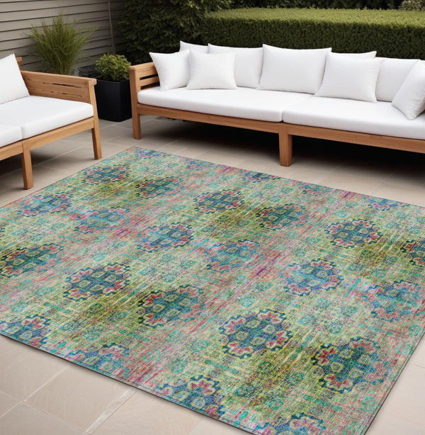 Homeroots 8' X 10' Blue And Green Floral Medallion Washable Non Skid Indoor Outdoor Area Rug Green Polyester 562959