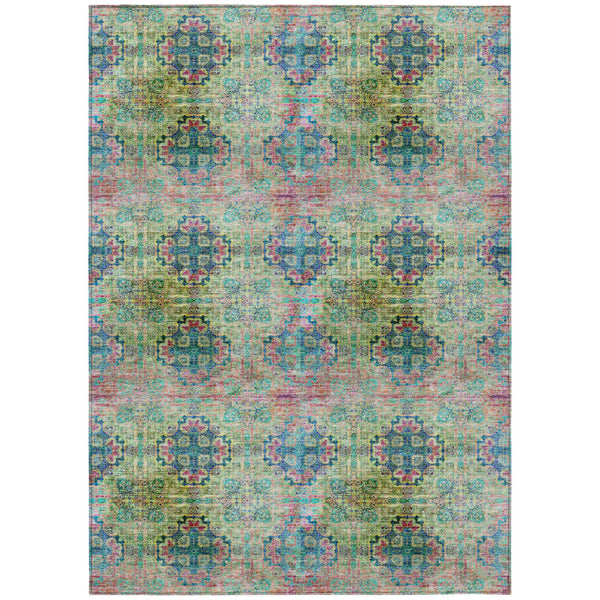 Homeroots 8' X 10' Blue And Green Floral Medallion Washable Non Skid Indoor Outdoor Area Rug Green Polyester 562959