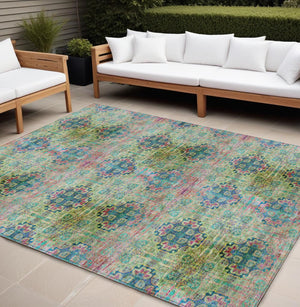Homeroots 9' X 12' Blue And Green Floral Medallion Washable Non Skid Indoor Outdoor Area Rug Green Polyester 562960