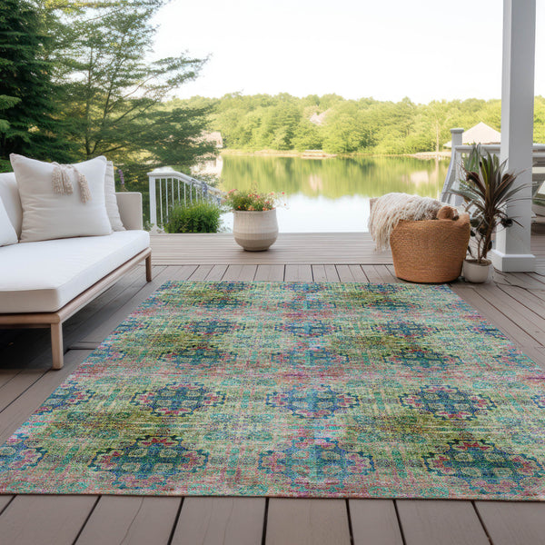 Homeroots 10' X 14' Blue And Green Floral Medallion Washable Non Skid Indoor Outdoor Area Rug Green Polyester 562961