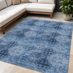 Homeroots 5' X 8' Navy Blue Floral Medallion Washable Non Skid Indoor Outdoor Area Rug Navy Polyester 562966