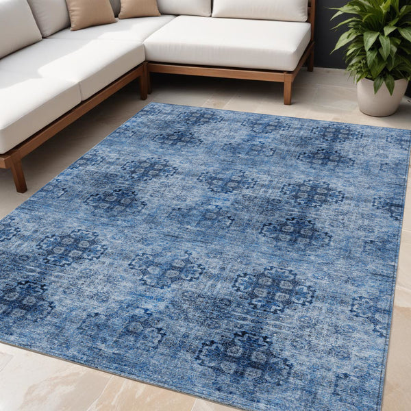Homeroots 5' X 8' Navy Blue Floral Medallion Washable Non Skid Indoor Outdoor Area Rug Navy Polyester 562966