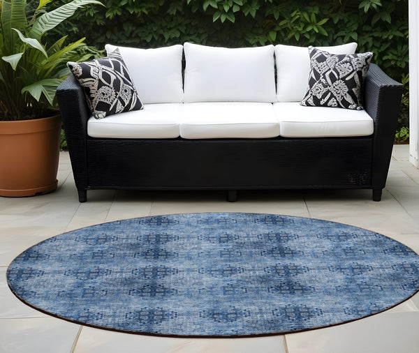 Homeroots 8' X 8' Navy Blue Round Floral Medallion Washable Non Skid Indoor Outdoor Area Rug Navy Polyester 562967