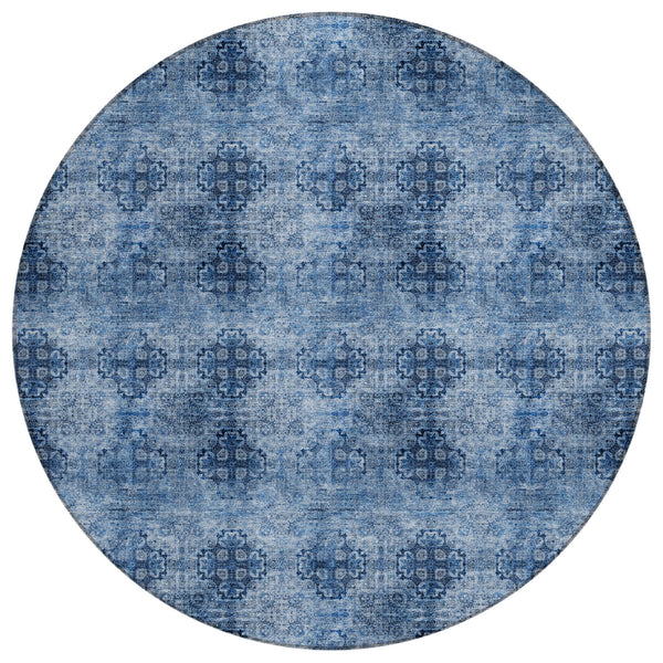 Homeroots 8' X 8' Navy Blue Round Floral Medallion Washable Non Skid Indoor Outdoor Area Rug Navy Polyester 562967