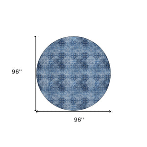 Homeroots 8' X 8' Navy Blue Round Floral Medallion Washable Non Skid Indoor Outdoor Area Rug Navy Polyester 562967