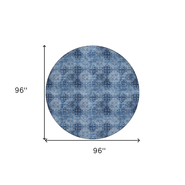 Homeroots 8' X 8' Navy Blue Round Floral Medallion Washable Non Skid Indoor Outdoor Area Rug Navy Polyester 562967