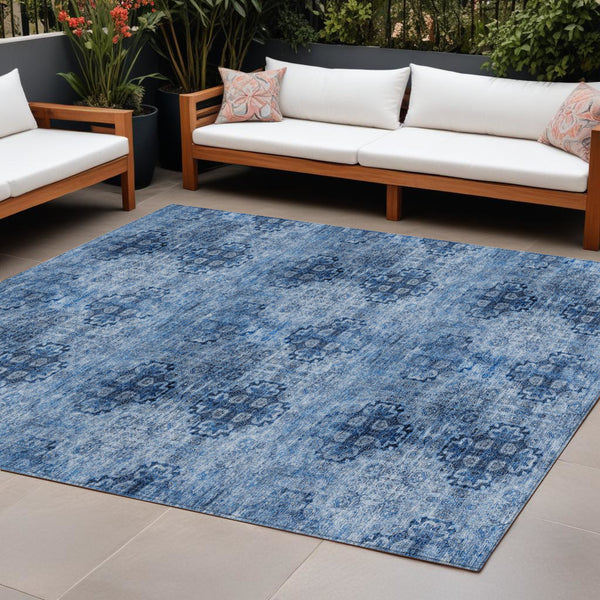 Homeroots 8' X 10' Navy Blue Floral Medallion Washable Non Skid Indoor Outdoor Area Rug Navy Polyester 562968