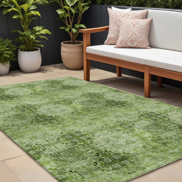 Homeroots 9' X 12' Olive Green Floral Medallion Washable Non Skid Indoor Outdoor Area Rug Olive Polyester 562978