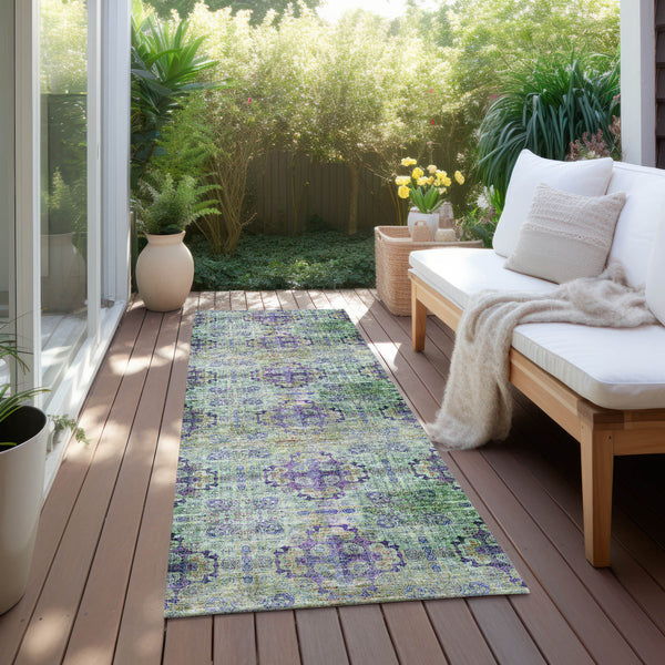 Homeroots 2' X 8' Purple And Green Floral Medallion Washable Non Skid Indoor Outdoor Runner Rug Purple Polyester 562981