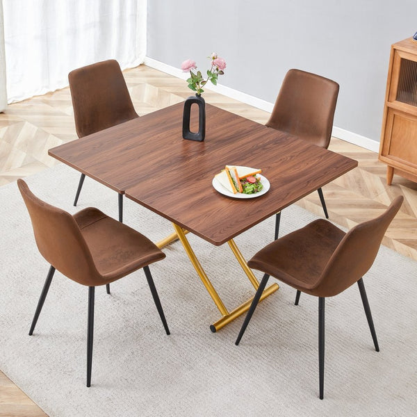 English Elm Table and Chair Set Adjustable Height Wood Grain Top Gold Legs Four Cushioned Seats W1151S04343