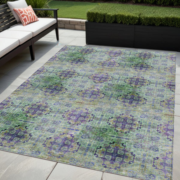 Homeroots 5' X 8' Purple And Green Floral Medallion Washable Non Skid Indoor Outdoor Area Rug Purple Polyester 562984