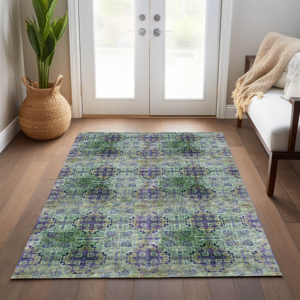 Homeroots 5' X 8' Purple And Green Floral Medallion Washable Non Skid Indoor Outdoor Area Rug Purple Polyester 562984