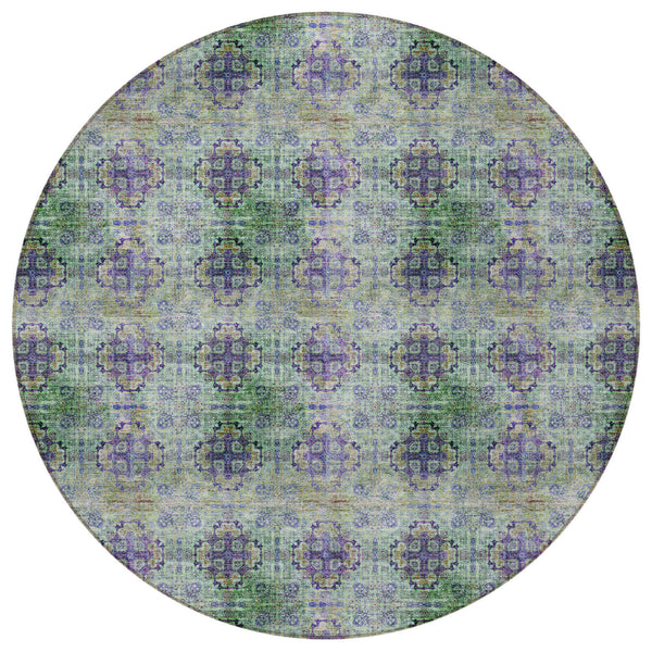 Homeroots 8' X 8' Purple And Green Round Floral Medallion Washable Non Skid Indoor Outdoor Area Rug Purple Polyester 562985