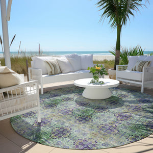 Homeroots 8' X 8' Purple And Green Round Floral Medallion Washable Non Skid Indoor Outdoor Area Rug Purple Polyester 562985