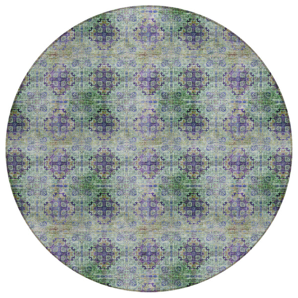 Homeroots 8' X 8' Purple And Green Round Floral Medallion Washable Non Skid Indoor Outdoor Area Rug Purple Polyester 562985