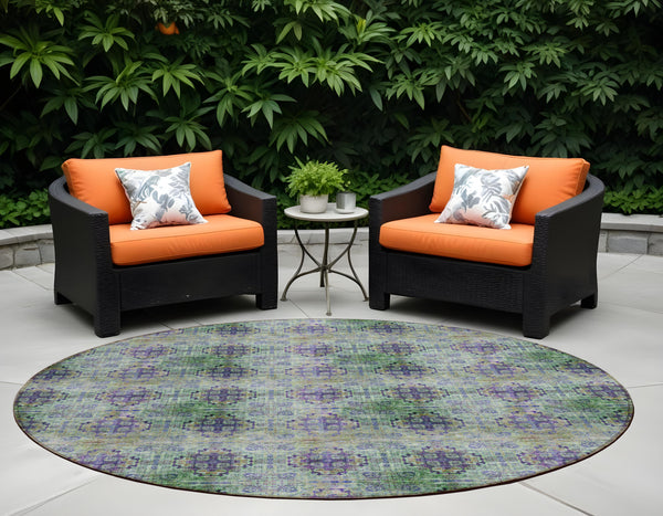 Homeroots 8' X 8' Purple And Green Round Floral Medallion Washable Non Skid Indoor Outdoor Area Rug Purple Polyester 562985