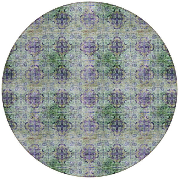 Homeroots 8' X 8' Purple And Green Round Floral Medallion Washable Non Skid Indoor Outdoor Area Rug Purple Polyester 562985