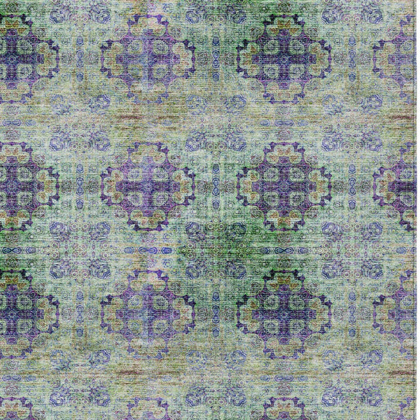 Homeroots 9' X 12' Purple And Green Floral Medallion Washable Non Skid Indoor Outdoor Area Rug Purple Polyester 562987